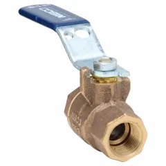 This NIBCO bronze ball valve features a straight body with FNPT x FNPT connections and a lever handle. Rated for a maximum pressure of 250 psi (CWP), it is used for manual on/off flow control in industrial piping systems handling water, oil, or gas.