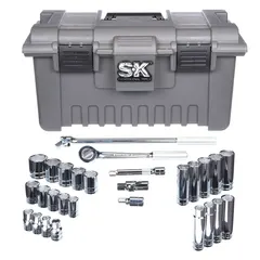 This 28-piece SAE socket set includes 6-point sockets ranging from 3/8 in to 1-1/4 in, a 10.3 in fixed round head ratchet with friction ball retaining mechanism, and drive tools. Designed for tightening and loosening SAE fasteners in automotive repair, industrial maintenance, and mechanical assembly.