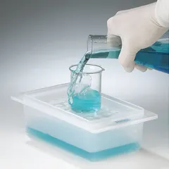 Polypropylene tray for organizing and storing microcentrifuge tubes in laboratory settings. Overall length 9 1/8 in, overall width 5 1/4 in. Suitable for use with standard tube racks in research, clinical, and industrial labs.