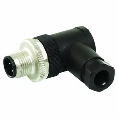 Field-wireable M12 circular connector with A-coding, 4 pins, and 90° orientation. Features screw terminals, plastic housing, M12 thread, and IP67 rating. Rated for 250V AC/DC. Suitable for signal, low-power, and Gigabit data connections in industrial environments.