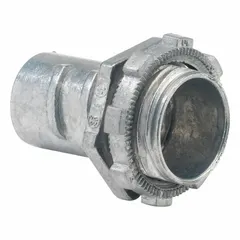 Zinc alloy straight connector for terminating 1/2 in flexible metal conduit (FMC) into a junction box. Snap-in style enables tool-free installation. Non-insulated type for general purpose grounding applications. UL Listed.