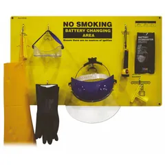 This battery PPE kit provides personal protective equipment for personnel handling industrial batteries in battery-powered forklifts. It is compatible with manufacturer model numbers 70-1090, 70-1091, 70-1100, 70-1101, 70-1110, 70-1130, 70-1135, and 70-1140. The kit has an overall width of 5 inches and is designed to reduce risk of acid burns and electrical shock during battery maintenance or charging operations.