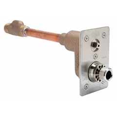 This ZURN wall hydrant features a stainless steel body and rectangular non-enclosed face with a stainless steel finish. Designed for 6-inch wall thickness, it has an overall length of 7 1/8 inches. Suitable for outdoor water access in commercial and industrial settings, providing a corrosion-resistant solution for hose connection and general utility supply.