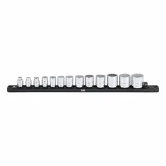 This 13-piece socket set includes 12-point SAE sockets ranging from 1/4 in to 1 in with a 3/8 in drive. The friction ball retainer secures sockets on the drive tool. Suitable for tightening and loosening hex fasteners in automotive, industrial, and general mechanical applications.