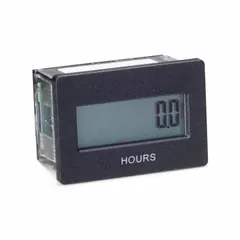 Digital hour meter with rectangular flush-mount bezel for front panel installation. Measures 1 1/8 in x 1 5/8 in, displays tenth-hour increments, and carries CUL approval with NEMA 12 enclosure rating. Suitable for tracking runtime on industrial equipment, generators, and pumps in dusty or non-hosed environments.