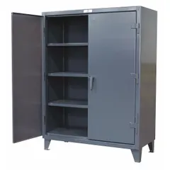 Steel industrial shelf cabinet with baked enamel dark gray finish. Features a welded stationary base with legs, swing handle and padlock hasp for security, and 12 ga panel thickness. Includes 4 adjustable shelves. Suitable for organized storage of tools, parts, and supplies in warehouses, factories, and workshops.