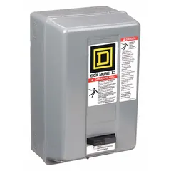 Enclosed non-reversing magnetic motor starter for three-phase AC motors. NEMA Size 1, 27 A, 3 poles, 220/240V AC coil. Screw clamp terminals. Requires three melting alloy thermal units (not included). No operator controls, pilot light, or auxiliary contacts. Used for starting and protecting motors in applications such as pumps, fans, and conveyors.