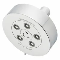 Fixed showerhead with multi-pattern spray options. Constructed with brass and plastic components. Flow rate is 2 gpm. Suitable for commercial and industrial washroom installations where a fixed overhead shower is required
