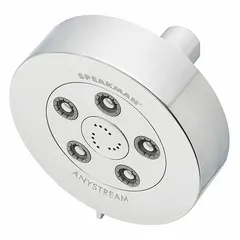 Fixed showerhead with multi-pattern spray options. Constructed with brass and plastic components. Flow rate is 2 gpm. Suitable for commercial and industrial washroom installations where a fixed overhead shower is required.