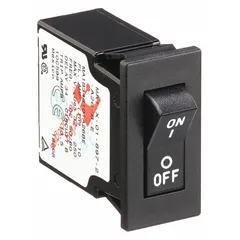 Snap-in panel mount miniature circuit breaker with rocker actuator. Rated 5 A at 250V AC or 32V DC. Features 1/4 in tab terminals and 1.9 in depth. Used for overcurrent protection in control panels, HVAC equipment, and power distribution systems.