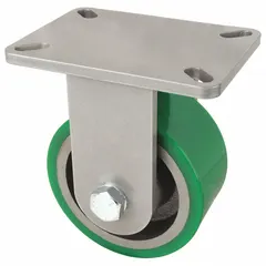 This rigid plate caster features a green polyurethane wheel with a 6-inch diameter and 3-inch width, mounted at 8 inches height. The kingpinless design and ball bearing construction support heavy-duty material handling applications such as carts, racks, and industrial equipment in warehouses and factories.