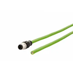 Single-ended M12 data cordset with D-coded male straight plug on one end and bare wire on the other. Features Cat5 performance, green PUR jacket, 1 m length, and IPX8 rating. Suitable for industrial Ethernet and PROFINET networks in automation systems.