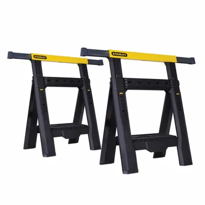 STANLEY Adjustable Folding Sawhorse: Adj Ht, Plastic, 27 7/10 in Overall Wd - Plastic Top Sawhorses