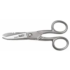 Serrated stainless steel scissors with an overall length of 5 1/4 inches. Suitable for cutting cable and general-purpose cutting tasks in electrical and industrial applications.