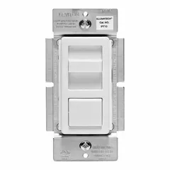 0-10V output dimmer for fluorescent and LED lighting loads. Rated 10A at 120/277V AC with a 1200VA capacity at 120V AC. Supports 1-pole and 3-way wiring; no neutral required. Available in Ivory, Light Almond, and White. Suitable for commercial and industrial lighting control applications.