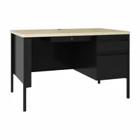 This single pedestal desk features a maple melamine laminate particleboard desktop and a black steel frame. It includes one pedestal with two drawers and a modesty panel. Supplied as a kit for assembly, it is suitable for use in offices, home offices, or administrative areas