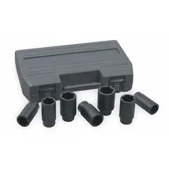 This axle nut socket set is designed for heavy-duty removal and installation of axle nuts. Constructed of steel, the set includes a blow mold case for organized storage and transport. Suitable for use in fleet and vehicle maintenance applications.