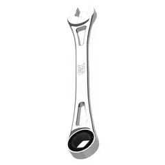 This SAE 6-point ratcheting combination wrench features an 11/16 in head size and a 10 in overall length. Constructed from alloy steel with a chrome finish, it is suited for tightening or loosening fasteners in mechanical maintenance and repair tasks. The ratcheting box end enables faster operation without repositioning the tool.