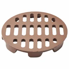 Class A light-duty floor drain grate for straining debris in low-traffic drainage applications. Round cast iron construction with Duco-coated finish in brown color family. Overall diameter 11 3/8 in, overall height 1 3/8 in.