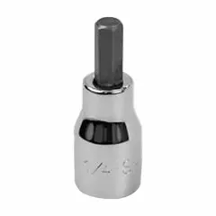 This hex bit socket features a 3/8 in drive and a 1/4 in hex tip for SAE fasteners, with a 3 in overall length. It is designed for driving hex-head fasteners in automotive, industrial, and maintenance applications. The replaceable insert extends tool life.