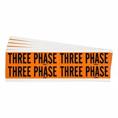 Self-stick vinyl markers with 'Three Phase' legend, Label Style B. Each marker measures 4 1/8 in wide by 1 1/8 in tall. Sold in a 5-pack. Used for identifying three-phase electrical conduits and voltage systems in industrial facilities.