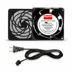 Standard square axial fan kit with polycarbonate blade, delivering 20 to 25 cfm airflow at 0.000 in static pressure. Includes cord set with NEMA 1-15 plug. Terminals type, IP20 rated. Height 3 1/8 in, depth 1 1/2 in. Used for cooling and ventilating electronic enclosures, control panels, and small equipment.