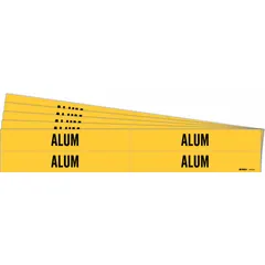 Yellow adhesive pipe marker with black legend reading 'Alum' for identifying pipes carrying alum. Fits pipe outer diameters from 3/4 to 2-3/8 inches. Pack includes 4 markers, sold in a 5-pack quantity. Suitable for industrial pipe marking applications.