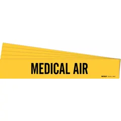 Yellow adhesive pipe marker with black 'Medical Air' legend, designed for pipe outer diameters from 2-1/2 to 7-7/8 inches. Each pack contains 5 markers without directional arrows. Used to identify medical air piping systems in healthcare and facility maintenance applications.