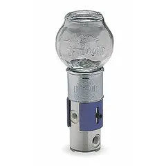 Closed constant-level oiler with glass reservoir and 1/4" NPT mounting thread. Maintains preset oil level in enclosed sumps for automatic lubrication of bearings and moving parts. Transparent body enables visual level checks without system opening.