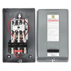 This enclosed non-reversing magnetic motor starter from SQUARE D is designed for starting and protecting 3-phase motors in industrial equipment such as conveyors, pumps, and fans. It features 3 poles, a 20 A rating, and a 480V AC coil. Three thermal units are required but not included for overload protection.