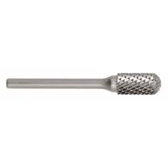 Double-cut ball-nosed cylinder bur with 1/2" head diameter and 1" cutting length. Features a 1/4" shank and SC-5 trade number. Suitable for material removal, deburring, and shaping on ferrous and non-ferrous metals when used with die grinders.