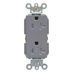 This decorator duplex receptacle is rated 125V AC and 20A with a 5-20 configuration for 2-pole/3-wire grounding. The gray finish suits flush mounting in standard wall boxes. Typical applications include general-purpose outlets in commercial and industrial environments such as offices, workshops, and light manufacturing areas.