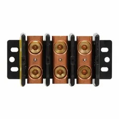 Open block with lugs for surface mounting. Copper construction. Accepts line side wire sizes from 6 AWG to 250 kcmil. Used for power distribution in electrical panels.