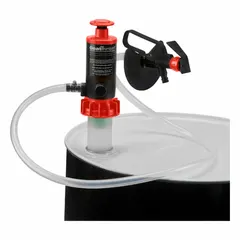 This air and hand-operated piston drum pump is constructed with a polypropylene (PP) suction tube and delivers a maximum flow rate of 4.5 gpm. It includes a discharge hose and nozzle for transferring fluids from drums or containers. Suitable for industrial fluid transfer applications where PP material compatibility is required.