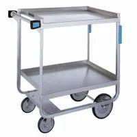 Open stainless steel utility cart with two shelves and a 34-1/2 in overall height. Equipped with two fixed casters for stable transport. NSF Certified for use in food service, hospitality, and institutional environments