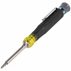 This precision multi-bit screwdriver includes 12 interchangeable tips for various fastening tasks. It features a cushion grip handle for comfort and control during use. The overall length is 6 1/2 inches, suitable for precision work in electronics and small appliance repair.