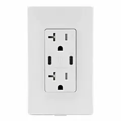 This weather-resistant receptacle combines a 5-20R 125V AC 20 A outlet with a USB Type C charging port in a white decorator duplex design. Suitable for residential and commercial applications where power and device charging are needed simultaneously, such as in kitchens, offices, and public spaces.