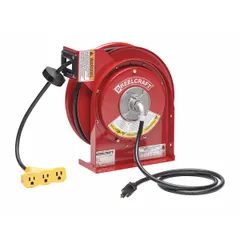 Self-retracting cord reel with ratchet lock mechanism for holding cord at desired length. Includes 50 ft of 16 AWG SJEOOW cable with NEMA 5-15P feeder plug and 5-15R retractable outlet. Suitable for managing power cords in workshops, garages, and industrial facilities to reduce trip hazards and cord damage.