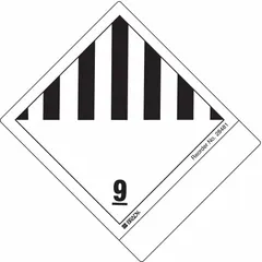 Paper label with '9 (Hazardous Material)' message, 4 in height. Used for marking packages and containers holding Class 9 miscellaneous hazardous materials during shipping. Meets DOT container labeling requirements. Pack of 100.