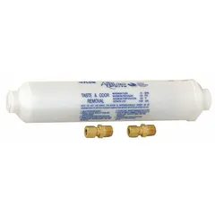 Inline water filter for ice machines and refrigerators. Carbon media reduces chlorine taste. Flow rate 0.75 gpm. Overall height 10 in, diameter 2 1/4 in.