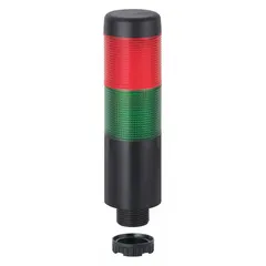 Two-tier tower light assembly with green steady light and red sounder tier. Operates on 24V AC/DC. Overall height 141 mm. Provides visual and audible signaling for machine status or process indication in industrial control and automation applications.