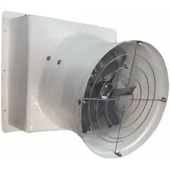 This direct-drive cylinder exhaust fan features a 24-inch galvanized steel blade and a 1/3 hp totally enclosed air-over motor, delivering 5,850 cfm at 115V AC, single phase. The fiberglass frame provides corrosion resistance. Suitable for general industrial ventilation to remove heat, fumes, and stale air.