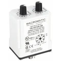 Socket-mounted single-function time delay relay for industrial control panels, automation systems, and HVAC equipment. Operates on 12V DC with a 10A rating and 8 pins/terminals. Used to delay or sequence electrical operations requiring precise timing intervals.