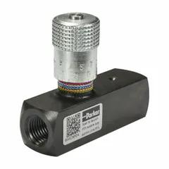 Manual two-way flow control valve with rotary knob adjustment. Steel body with 1/8 in NPT ports. Rated for maximum pressure of 5,000 psi. Used to regulate fluid flow in hydraulic and industrial systems.