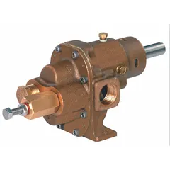 This pedestal-mount rotary gear pump features a bronze body with 1/2" FNPT ports and a stainless steel shaft. It delivers 6.9 gpm and includes a relief valve. Suitable for transferring clean, non-abrasive fluids in circulation, filtration, and transfer systems. Requires a separate motor for operation.