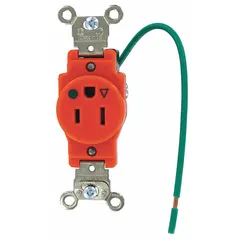 Single NEMA 5-15R receptacle rated 125V AC and 15A, 2-pole/3-wire grounding. Orange nylon face with isolated-ground design for reducing electrical noise in sensitive equipment installations.