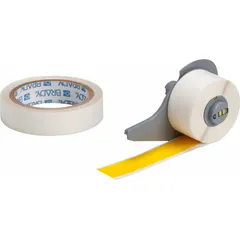 Continuous floor marking tape for use with BMP71 printer series and M7-R6000 ribbon. Yellow gloss polyester with rubber adhesive. Used for aisle marking, hazard identification, and safety zone delineation in industrial facilities.