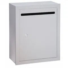 Surface-mount letter box with a front-opening door, powder-coated finish, and dimensions of 19 inches high by 15 inches wide by 7 1/2 inches deep. Suitable for secure mail collection in commercial or multi-tenant buildings.