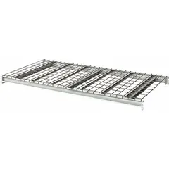 This wire decking bulk rack shelf kit includes two 14-gauge steel beams and a steel deck with a powder-coated light gray finish. It supports up to 3,500 lb and is used for heavy-duty storage in warehouses and industrial facilities, typically as part of pallet racking systems.