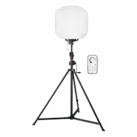 This E-Z UP tripod stand light features a single LED lamp head delivering up to 102,000 lumens with four selectable brightness levels. It operates on 110 to 240V AC and is housed in a black frame with an IP65 rating, making it suitable for outdoor and industrial area lighting applications such as construction sites, event venues, and emergency response